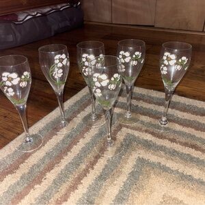 Vintage Set of Six Vintage Perrier Jouet Hand-Painted Anemone Champagne Flutes